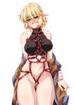  ass_visible_through_thighs bangs bare_shoulders bdsm blonde_hair blush bondage bottomless bound breasts commentary_request covered_nipples cowboy_shot eyebrows_visible_through_hair green_eyes highres looking_at_viewer medium_breasts mizuhashi_parsee navel nose_blush ootsuki_wataru partially_visible_vulva pointy_ears red_rope rope shibari shibari_over_clothes short_hair skin_tight sleeveless sleeveless_turtleneck solo stomach touhou transparent_background turtleneck undershirt undressing 