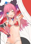  ;d absurdres arm_up armor armpits bikini_armor blue_eyes breasts cape commentary_request curled_horns elbow_gloves elizabeth_bathory_(brave)_(fate) elizabeth_bathory_(fate)_(all) eyebrows_visible_through_hair eyes_visible_through_hair fang fate_(series) gloves hair_ribbon hand_on_hip highres horns kippu looking_at_viewer loose_bikini navel one_eye_closed open_mouth oversized_clothes pauldrons pink_hair pointy_ears red_armor ribbon shield silver_trim simple_background small_breasts smile solo upper_body vambraces white_background white_cape 