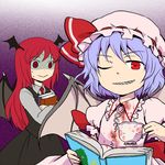 :&gt; ;d bat_wings blood bloody_clothes blue_hair book book_hug bow collared_shirt commentary_request cup dress_shirt empty_eyes eyebrows_visible_through_hair gradient gradient_background hat hat_bow head_wings holding holding_book koakuma long_hair long_sleeves looking_at_another looking_at_viewer mob_cap multiple_girls nail_polish necktie one_eye_closed open_book open_mouth pekamatu red_eyes red_hair red_neckwear remilia_scarlet sharp_teeth shirt short_hair simple_background skirt skirt_set smile sweat teacup teeth touhou turn_pale white_shirt wings 
