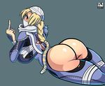  1girl artist_name ass ass_cutout bandage blonde_hair braid breasts gerph huge_ass large_breasts long_hair looking_at_viewer lying middle_finger red_eyes sheik sideboob simple_background solo the_legend_of_zelda the_legend_of_zelda:_ocarina_of_time thick_thighs tied_hair 