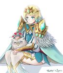  animal armor bangs bird blonde_hair blue_eyes blush cape commentary crown dress earrings eyebrows_visible_through_hair feather_trim feh_(fire_emblem_heroes) fire_emblem fire_emblem_heroes fjorm_(fire_emblem_heroes) gradient gradient_hair heart ippers jewelry multicolored_hair on_lap owl pauldrons petting short_dress short_hair shoulder_armor simple_background sitting smile striped thighhighs tiara twitter_username vertical_stripes white_background 