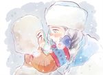  black_hair blue_eyes blush braid brown_eyes child eye_contact hands_on_another's_cheeks hands_on_another's_face hat ichi_kotoko katsuki_yuuri looking_at_another male_focus mittens multiple_boys open_mouth russian_clothes silver_hair smile snowing teenage viktor_nikiforov younger yuri!!!_on_ice 