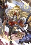  :d bangs black_footwear blunt_bangs blurry blurry_foreground blush boots bracer cagliostro_(granblue_fantasy) depth_of_field floating_hair frilled_skirt frills granblue_fantasy highres long_hair one_eye_closed open_mouth pointing pointing_at_viewer purple_eyes red_skirt shimashima_(simasima_23) skirt smile solo standing standing_on_one_leg thigh_boots thighhighs tiara vest 