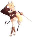  :3 animal_ears barbariank blonde_hair boots brown_footwear crossed_legs eyebrows_visible_through_hair fire_emblem fire_emblem_if fox_ears fox_shadow_puppet fox_tail full_body fur_collar green_eyes hair_ornament highres kinu_(fire_emblem_if) knee_boots looking_at_viewer short_hair single_thighhigh smile solo sword tail thighhighs transparent_background watson_cross weapon white_legwear wide_sleeves 