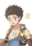  ? beitemian brown_hair highres male_focus nipples rex_(xenoblade_2) shirt_pull simple_background solo_focus spoken_question_mark upper_body white_background xenoblade_(series) xenoblade_2 yellow_eyes 