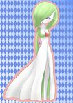  1girl arms_behind_back blue_background blush breasts enoshito eyes_closed female full_body gardevoir green_hair hair_over_one_eye happy highres no_humans open_mouth outline pokemon pokemon_(creature) pokemon_rse short_hair simple_background small_breasts smile solo standing 