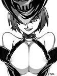  areola_slip areolae bare_shoulders breast_squeeze breasts detached_sleeves greyscale guilty_gear hat i-no large_breasts licking_lips looking_at_viewer mole mole_above_mouth monochrome o-ring one_eye_covered revealing_clothes short_hair signature simple_background solo tongue tongue_out typo_(requiemdusk) upper_body white_background 
