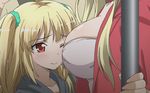  10s 2girls animated animated_gif blonde_hair blue_eyes blush boku_wa_tomodachi_ga_sukunai breast_press breasts hair_ornament hasegawa_kobato heterochromia kashiwazaki_sena large_breasts long_hair multiple_girls red_eyes 