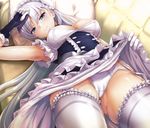  apron arm_up armpits ass_visible_through_thighs azur_lane belfast_(azur_lane) black_gloves blue_eyes blush braid breasts cameltoe cleavage closed_mouth corset couch covered_nipples cowboy_shot dress dress_lift elbow_gloves foreshortening french_braid frilled_apron frilled_sleeves frills garter_belt gloves hand_on_forehead head_tilt highres ipuu_(el-ane_koubou) large_breasts leg_garter lifted_by_self long_hair looking_at_viewer lying maid_headdress on_back on_couch panties pillow short_sleeves silver_hair smile solo thighhighs thighs tsurime underwear waist_apron white_apron white_legwear white_panties 