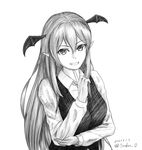  :d bat_wings bright_pupils collared_shirt dated dress_shirt eyebrows_visible_through_hair finger_to_chin greyscale grin hair_between_eyes head_wings highres index_finger_raised koakuma long_hair long_sleeves looking_at_viewer monochrome necktie open_mouth pointy_ears saukus_o shirt sidelocks simple_background slit_pupils smile solo touhou traditional_media twitter_username vest white_background white_pupils wings 
