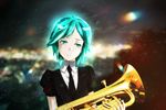  androgynous aqua_eyes aqua_hair black_neckwear blurry blurry_background collared_shirt commentary crossover euphonium eyebrows_visible_through_hair gem_uniform_(houseki_no_kuni) genya_(genya67) hibike!_euphonium highres houseki_no_kuni instrument kurosawa_tomoyo necktie oumae_kumiko phosphophyllite puffy_sleeves seiyuu_connection shirt short_hair short_sleeves solo sparkle sweatdrop upper_body white_shirt 