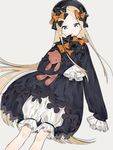  abigail_williams_(fate/grand_order) bangs black_bow black_dress blonde_hair bloomers blue_eyes blush bow brown_background bug butterfly commentary dress dutch_angle fate/grand_order fate_(series) hair_bow head_tilt insect long_hair long_sleeves looking_at_viewer object_hug orange_bow parted_bangs parted_lips polka_dot polka_dot_bow simple_background sino42 sleeves_past_fingers sleeves_past_wrists solo stuffed_animal stuffed_toy teddy_bear underwear very_long_hair white_bloomers 