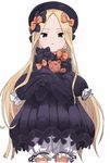  abigail_williams_(fate/grand_order) absurdres bangs black_bow black_dress black_hat blonde_hair bloomers blue_eyes bow bug butterfly commentary_request cowboy_shot crossed_arms dress fate/grand_order fate_(series) hair_bow hat highres insect long_hair long_sleeves looking_at_viewer object_hug orange_bow parted_bangs parted_lips polka_dot polka_dot_bow simple_background sleeves_past_fingers sleeves_past_wrists solo stuffed_animal stuffed_toy teddy_bear underwear very_long_hair white_background white_bloomers yamamoto_souichirou 