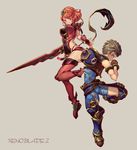  1girl black_hair bodysuit breasts brown_hair crotchless_pants fingerless_gloves gloves green_eyes hair_ornament homura_(xenoblade_2) large_breasts red_eyes red_hair rex_(xenoblade_2) shiimo short_hair simple_background smile sword weapon xenoblade_(series) xenoblade_2 