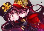  1boy 1girl :| artist_name blush brother_and_sister cape chain cheek-to-cheek closed_mouth commentary_request fate/grand_order fate_(series) flying_sweatdrops grey_background long_hair oda_nobukatsu_(fate/grand_order) oda_nobunaga_(fate) parted_lips ponytail red_eyes siblings signature spoken_ellipsis tanaka_kii v-shaped_eyebrows very_long_hair wavy_mouth 