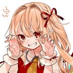  artist_name ascot bangs blonde_hair claw_pose dated eyebrows_visible_through_hair fingernails flandre_scarlet gotoh510 grin hair_ribbon long_hair looking_at_viewer pointy_ears red_ribbon ribbon side_ponytail signature simple_background smile solo teeth touhou upper_body white_background wrist_cuffs 