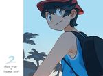  backpack bag black_backpack black_hair blue_shirt blue_sky bucket_hat closed_mouth copyright_name countdown elizabeth_(tomas21) grey_eyes hat looking_at_viewer looking_back male_focus number palm_tree pokemon pokemon_(game) pokemon_usum shirt sky solo sunrise tank_top tree upper_body you_(pokemon) 