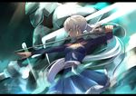  artist_name blue_dress blue_eyes closed_mouth dress earrings from_side holding holding_sword holding_weapon isshiki_(ffmania7) jewelry left-handed letterboxed long_hair myrtenaster profile rapier rwby scar scar_across_eye side_ponytail signature silver_hair solo sword tsurime twitter_username very_long_hair weapon weiss_schnee 
