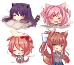  :d absurdres animal_ears arm_up artist_name bangs blazer blue_skirt blush book bow breasts brown_hair cat_ears cat_tail chibi closed_eyes closed_mouth collared_shirt commentary crying d: desk dog_ears dog_tail doki_doki_literature_club english_commentary eyebrows_visible_through_hair finger_to_cheek finger_to_face flying_sweatdrops fox_ears fox_tail green_eyes grey_jacket hair_bow hair_ornament hairclip happy hashtag highres jacket kemonomimi_mode long_hair long_sleeves looking_at_viewer medium_breasts monika_(doki_doki_literature_club) multiple_girls natsuki_(doki_doki_literature_club) neck_ribbon no_legs open_book open_mouth parted_lips petting pink_hair pleated_skirt ponytail purple_hair raccoon_ears raccoon_tail red_bow red_neckwear red_ribbon ribbon sayori_(doki_doki_literature_club) school_desk school_uniform shirt short_hair sidelocks signature simple_background skirt sleeping smile tail tears temachii v_arms very_long_hair white_background white_bow white_shirt wing_collar yuri_(doki_doki_literature_club) zzz 