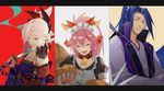  2girls ae_(alter-c) animal_ears apron assassin_(fate/stay_night) asymmetrical_hair autumn_leaves bell bell_collar blue_eyes blue_hair blue_kimono breasts cat_hair_ornament cat_paws cleavage collar commentary_request detached_sleeves dual_wielding earrings fangs fate/grand_order fate/stay_night fate_(series) fox_ears fox_tail gloves hair_ornament holding holding_sword holding_weapon japanese_clothes jewelry jingle_bell katana kimono large_breasts long_hair magatama maid_headdress miyamoto_musashi_(fate/grand_order) multiple_girls namesake obi paw_gloves paws pink_hair pokemon ponytail sash sheath short_kimono sleeveless sleeveless_kimono sword tail tamamo_(fate)_(all) tamamo_cat_(fate) type-moon unsheathed weapon yellow_eyes 
