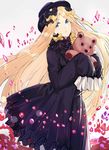  abigail_williams_(fate/grand_order) bangs black_bow black_dress black_hat blonde_hair blue_eyes blush bow bubble bug butterfly closed_mouth commentary_request dress echj eyebrows_visible_through_hair fate/grand_order fate_(series) grey_background hair_bow hat head_tilt holding holding_stuffed_animal insect long_hair long_sleeves looking_at_viewer orange_bow parted_bangs polka_dot polka_dot_bow sleeves_past_wrists solo stuffed_animal stuffed_toy teddy_bear very_long_hair 