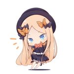  1girl abigail_williams_(fate/grand_order) bangs barefoot beni_shake black_bow black_hat blonde_hair blue_eyes blush bow chibi covering_mouth dress fate/grand_order fate_(series) frilled_dress frilled_sleeves frills hair_bow hat long_hair long_sleeves looking_at_viewer lowres orange_bow parted_bangs ribbon shadow simple_background very_long_hair white_background 