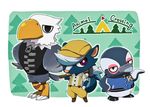  animal apollo_(doubutsu_no_mori) bird boruto_(doubutsu_no_mori) cabbie_hat copyright_name doubutsu_no_mori eagle hammer hat jacket letterman_jacket male_focus miyako_ameko multiple_boys penguin shank_(doubutsu_no_mori) skunk suspenders tree zipper 