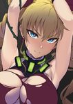  armpits arms_up blonde_hair blue_eyes blush breasts claire_harvey closed_mouth collar earrings grey_background hair_between_eyes highres hundred jewelry large_breasts long_hair looking_at_viewer ookuma_(nitroplus) restrained solo tears torn_clothes twintails v-shaped_eyebrows 