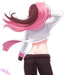  arm_up black_pants brown_hair butt_crack cslucaris from_behind hand_in_hair long_hair long_sleeves multicolored_hair neo_(rwby) pants pink_hair rwby signature two-tone_hair 