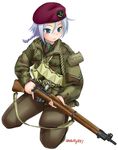  belt beret blue_eyes blue_hair blush bolt_action braid brown_pants camouflage closed_mouth ebifly eyebrows_visible_through_hair green_jacket gun hair_between_eyes hat holding holding_gun holding_weapon jacket lee-enfield long_sleeves military original pants pouch rifle simple_background single_braid sitting soldier solo trigger_discipline twitter_username weapon white_background 