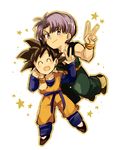  black_hair blue_eyes boots closed_eyes dougi dragon_ball dragon_ball_z eyebrows_visible_through_hair flying happy long_sleeves looking_at_viewer male_focus multiple_boys neko_ni_chikyuu open_mouth purple_hair simple_background smile son_goten spiked_hair star starry_background trunks_(dragon_ball) v white_background wristband 