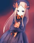  abigail_williams_(fate/grand_order) ao_(user_ctez2482) bangs black_bow black_dress black_hat blonde_hair blue_eyes bow closed_mouth dress dutch_angle eyebrows_visible_through_hair fate/grand_order fate_(series) hair_bow hat long_hair long_sleeves looking_at_viewer object_hug orange_bow parted_bangs polka_dot polka_dot_bow sleeves_past_fingers sleeves_past_wrists solo stuffed_animal stuffed_toy teddy_bear very_long_hair 