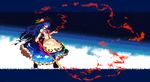  black_hat blue_hair blue_skirt bow bowtie fire food fruit full_body hand_up hat highres hinanawi_tenshi holding holding_sword holding_weapon long_hair peach pixel_art red_eyes red_neckwear short_sleeves skirt solo standing sword sword_of_hisou tea_basira touhou weapon 