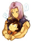  2boys :o bare_arms black_eyes black_hair blue_eyes denim denim_jacket dougi dragon_ball dragon_ball_z expressionless hug hug_from_behind long_sleeves looking_down looking_up male_focus multiple_boys neko_ni_chikyuu nervous open_mouth purple_hair short_hair simple_background sketch sleeveless son_goten speech_bubble spiked_hair sweatdrop thought_bubble translated trunks_(dragon_ball) white_background 
