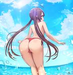  ahoge arms_at_sides ass azur_lane back bad_id bad_pixiv_id bangs bikini bikini_bottom blue_sky blunt_bangs brown_hair cameltoe cloud cloudy_sky commentary convenient_arm day diffraction_spikes droplet feet_out_of_frame fisheye from_behind glowing_petals guundesu hair_ornament hairpods highres kneepits leaning_forward legs_together long_hair looking_at_viewer looking_back ocean outdoors outstretched_hand parted_lips petals ping_hai_(azur_lane) profile red_bikini_bottom red_eyes ribbon-trimmed_bikini side-tie_bikini sidelocks signature sky solo standing swimsuit teeth thong_bikini topless tsurime twintails very_long_hair water wedgie 