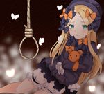  abigail_williams_(fate/grand_order) bangs black_bow black_dress black_hat blonde_hair bloomers bow bug butterfly closed_mouth commentary_request dress eyebrows_visible_through_hair fate/grand_order fate_(series) fou_(ssqseeker) green_eyes hair_bow hat highres insect long_hair long_sleeves looking_at_viewer noose object_hug orange_bow parted_bangs polka_dot polka_dot_bow rope sitting sleeves_past_wrists solo stuffed_animal stuffed_toy tears teddy_bear underwear very_long_hair white_bloomers 