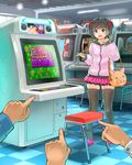  :d arcade_cabinet bag bangs black_hair black_legwear blunt_bangs eyebrows_visible_through_hair green_eyes handbag himeshaga hood hood_down hoodie indoors long_sleeves looking_at_viewer open_mouth original pink_footwear pink_hoodie pink_skirt pleated_skirt pointing shoes short_hair skirt smile solo_focus standing stool strip_game super_real_mahjong thighhighs translated zettai_ryouiki 