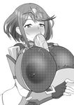  1boy 1girl blush breast_squeeze breasts cum disembodied_limb disembodied_penis facial gloves gray_impact hair_ornament hat heart-shaped_pupils hetero highres homura_(xenoblade_2) huge_breasts lipstick monochrome nipples paizuri penis pov red_eyes red_hair short_hair simple_background solo_focus tiara uncensored upper_body white_background xenoblade xenoblade_2 