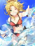  ;d ball beachball bikini blonde_hair blue_skirt breasts commentary_request dutch_angle eyebrows_visible_through_hair fate/grand_order fate_(series) front-tie_top green_eyes long_hair medium_breasts mordred_(fate)_(all) mordred_(swimsuit_rider)_(fate) navel nikame one_eye_closed open_mouth outstretched_arm ponytail red_bikini red_scrunchie scrunchie side-tie_bottom skirt smile solo splashing swimsuit thigh_gap 