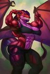  0pik-0ort abs anthro big_breasts black_sclera bra breasts clothing dragon female flexing footwear grin hair horn large_wings lilith mammal muscular muscular_female pants purple_hair purple_scales purple_skin red_eyes red_hair red_scales red_skin scales sharp_teeth shoes smile solo teeth torn_clothing torn_pants underwear wings 