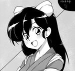  1girl bangs blush bow collarbone grin japanese_clothes kimono kuonji_ukyou long_hair looking_at_viewer monochrome open_mouth ranma_1/2 smile spy_master_uook 