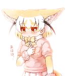  animal_ears bangs blonde_hair blush bow bowtie clutching_chest crying crying_with_eyes_open elbow_gloves extra_ears eyebrows_visible_through_hair fennec_(kemono_friends) fox_ears fur_trim gloves kemono_friends looking_down orange_eyes orange_gloves orange_neckwear parted_lips pink_shirt pink_skirt pleated_skirt puffy_short_sleeves puffy_sleeves shirt short_sleeves simple_background skirt solo standing tanaka_kusao tears white_background 
