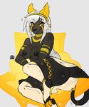  anklet anthro armlet avante92 black_fur bracelet breasts canine clothing digitigrade female fur hair jewelry knee_highs legwear long_hair makeup mammal mascara mostly_nude smile socks solo white_hair yellow_ears yellow_eyes 