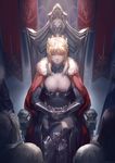  armor artoria_pendragon_(all) artoria_pendragon_(lancer) bedivere blonde_hair blue_eyes blue_leotard breasts cape cleavage cleavage_cutout closed_mouth crossed_legs crown detached_collar fate/grand_order fate_(series) fur_trim gauntlets gawain_(fate/grand_order) hair_between_eyes half-closed_eyes hands_together highres indoors knights_of_the_round_table_(fate) lancelot_(fate/grand_order) large_breasts legs leotard looking_at_viewer lucia_(biblyoteka) mordred_(fate) mordred_(fate)_(all) ponytail red_cape serious sidelocks sitting solo_focus sunlight thighs throne tristan_(fate/grand_order) 