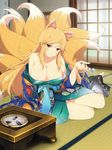  1girl bare_shoulders blonde_hair blush breasts cleavage dress kumi_(senran_kagura) large_breasts long_hair looking_at_viewer parted_lips red_eyes senran_kagura sitting smile solo 