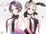  :o animal_ears bangs bare_shoulders black_gloves black_leotard blue_hair blush breasts bunny_ears bunny_girl bunny_tail buttons eyebrows_visible_through_hair fake_animal_ears gloves gradient gradient_background grey_eyes grey_hair half_gloves hand_up hayami_kanade highres idolmaster idolmaster_cinderella_girls ilo leotard looking_at_viewer medium_breasts multiple_girls necktie parted_bangs ribbon shiomi_shuuko short_hair sideboob signature simple_background smile symmetry tail tongue tongue_out upper_body white_gloves white_leotard yellow_eyes 
