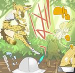  afterimage animal_ears bare_shoulders breasts check_translation commentary_request elbow_gloves gloves hat hat_feather highres kaban_(kemono_friends) kemono_friends kotoyoshi_yumisuke multiple_girls serval_(kemono_friends) serval_ears serval_print serval_tail small_breasts smile tail thighs translation_request 