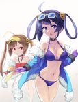  ahoge azur_lane bad_id bad_pixiv_id bandeau bangs bare_shoulders bikini black_choker blue-tinted_eyewear blue_jacket breasts brown_hair chestnut_mouth choker cleavage collarbone commentary_request eyebrows_visible_through_hair eyewear_on_head fur-trimmed_jacket fur_trim gloves gradient gradient_background grey_background hair_rings hairpods halter_top halterneck highres jacket large_breasts long_hair long_sleeves looking_at_viewer multiple_girls navel ning_hai_(azur_lane) o-ring o-ring_bikini o-ring_bottom off_shoulder open_clothes open_jacket parted_lips ping_hai_(azur_lane) purple_bikini purple_eyes purple_gloves purple_hair red_bikini red_eyes red_gloves sawawse small_breasts sunglasses swimsuit tinted_eyewear twintails very_long_hair white-framed_eyewear white_background yellow_jacket 