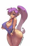  alternate_breast_size blush bottomless breasts cleavage covered_nipples covering covering_breasts crop_top cutesexyrobutts dark_skin earrings hoop_earrings huge_breasts jewelry long_hair looking_at_viewer pointy_ears pointy_shoes purple_hair shantae_(character) shantae_(series) shoes solo tank_top thick_thighs thighs tiara tumblr_username underboob very_long_hair white_background 