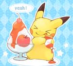  apple cherry chibi closed_eyes commentary_request english food fruit gen_1_pokemon ice_cream_cup ketchup ketchup_bottle mochi_(empty_p) no_humans pikachu pokemon pokemon_(creature) shaved_ice smile tongue tongue_out 